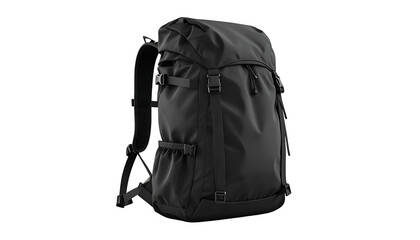 Sleek black backpack with multiple compartments and adjustable straps against a dark backdrop