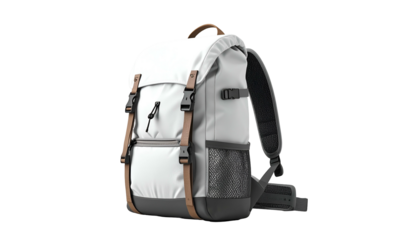 Modern off-white backpack with brown accents, side pocket, and adjustable straps