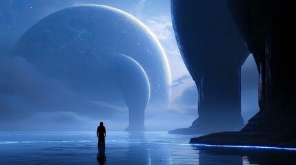 A lone person stands in front of a vast, alien landscape with large, spherical structures and a reflective surface, illuminated by a cool, blue light.