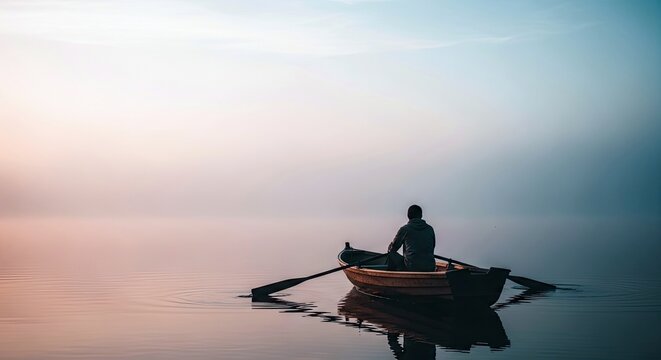 A man sits in a small boat on a calm lake, rowing with oars, surrounded by mist and soft morning light.