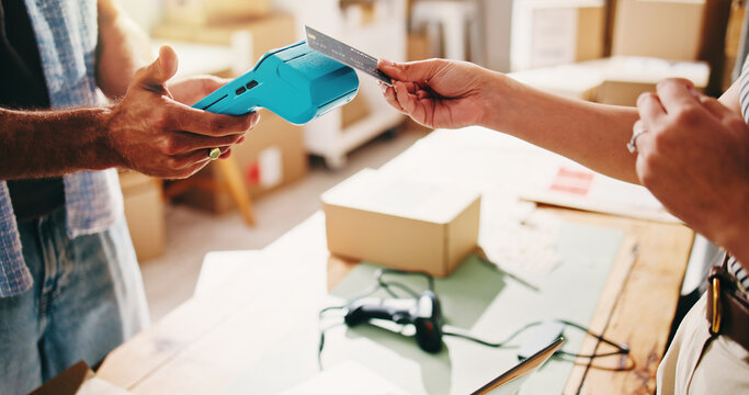 Pos machine, hands and people with credit card for purchase, transactions and small business. Ecommerce, shopping and customer with payment, fintech and cashless tech with checkout or digital app
