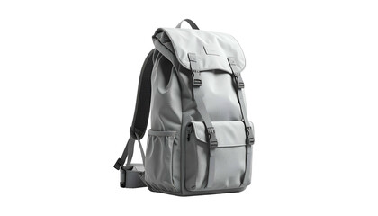 Naklejka premium A gray backpack stands against black. It features multiple pockets, straps, and buckles