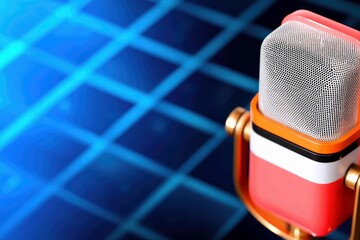 A close-up studio shot of a vintage microphone with a red and gold design, set against a blue grid pattern.