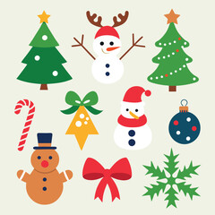 Christmas elements and icons set featuring festive trees, snowmen, gifts, stars, and holiday decorations