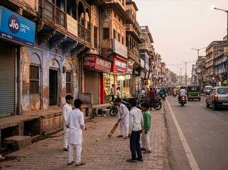 Young Indian Boys Playing Street Cricket With Plastic Bat Near Old Heritage Buildings In City