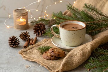 A cup of hot cocoa and cookies on a burlap cloth