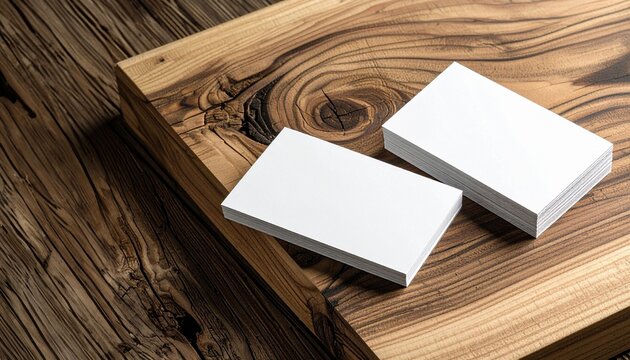 Blank white business cards stacked on a textured wooden surface, ready for customization and branding