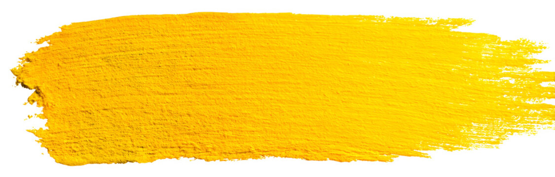 Vibrant yellow paint brush stroke texture with visible bristles and impasto effect isolated on transparent background