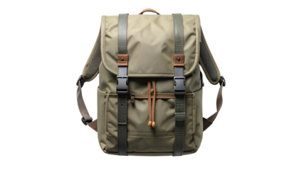 An olive green backpack, rectangular, with leather accents, buckles, and straps against black