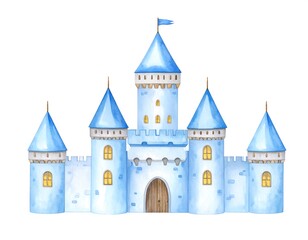 Obraz premium A whimsical watercolor illustration depicts a fairytale castle with blue turrets, a wooden door, and a small flag