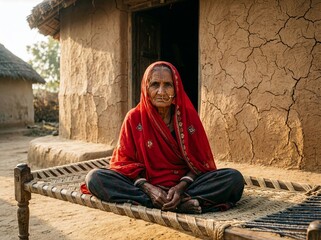 Elderly Indian Woman In Red Sari Sitting On Charpai Cot Outside Traditional Mud House
