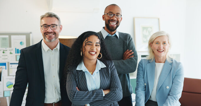 About us, portrait and smile of business people in office together for collaboration or team building. Arms crossed, confident and diversity with happy employee group in workplace for development - Powered by Adobe