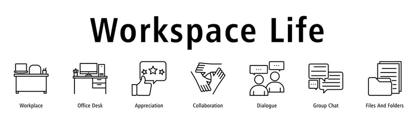 Banner illustrating workplace atmosphere with desks, appreciation, dialogue, teamwork and files.
