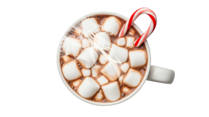 Delicious hot chocolate with fluffy marshmallows and a festive candy cane, creating a perfect cozy winter scene isolated on transparent background