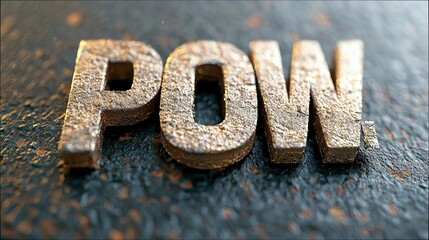 Close-up of the word "POW" rendered in a textured metallic material, set against a dark, textured background. The lighting creates a dramatic effect.