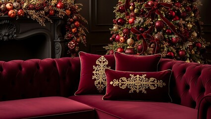 Festive living room scene with a decorated Christmas tree, fireplace garland, and red velvet couch with embroidered pillows.