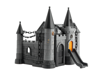 Grey castle playhouse with towers, chains, and a slide