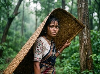 Profile View Of Indian Rural Woman In Sari Shielding Herself From Rain With Bamboo Mat