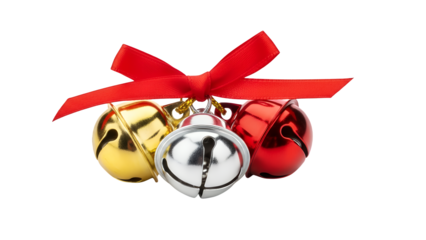 Festive gold, silver, and red jingle bells, tied with a bright red ribbon, creating a cheerful holiday decoration and isolated on transparent background for seasonal designs