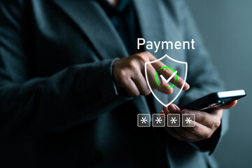 Businesswoman using smartphone with payment security interface, secure mobile transaction, digital wallet protection, financial safety, online authentication and encrypted payment systems.