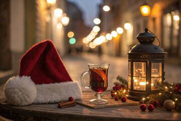 Festive mulled wine drink beside a lantern in Christmas ambiance