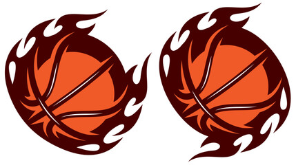 Two stylized basketballs engulfed in dynamic flames, showcasing energetic and passionate sports imagery with a bold design.