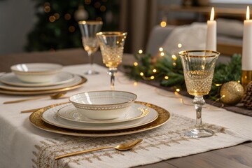 Elegant dining table setting with gold rimmed plates and glassware