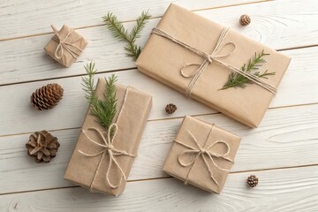 Gift Wrapped Presents and Decorations on a Wooden Surface