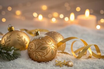 Golden Christmas ornaments with ribbon resting on snowy surface
