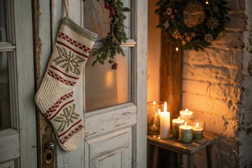 Knitted Christmas Stocking Hanging on a Vintage Door with Candles