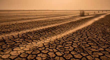Vast expanse of cracked earth stretching towards the hazy horizon under a warm, orange-toned sky, depicting severe drought conditions and a desolate, impacted landscape