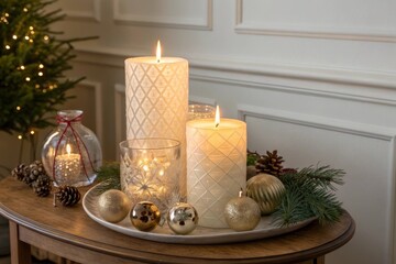 Lit Candles and Ornaments Displayed on a Table for the Holidays