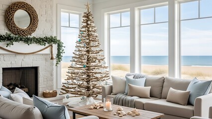 Interior view of a coastal living room decorated for Christmas, overlooking the ocean.