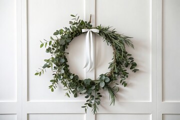 Minimal Eucalyptus Wreath on White Background Decoration