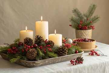 Lit Christmas Candles and Festive Decorations on a Table