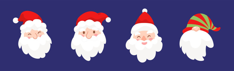 Cute Santa Claus and gnome faces Christmas cartoon character for Festive Christmas element. Flat vector illustration for holiday, greeting card, seasonal decorative design, print, banner, sticker.