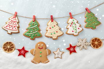 Decorated Christmas tree cookies with gingerbread man
