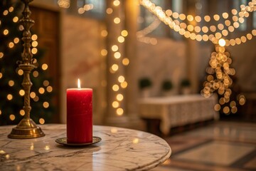 Red candle burning on a marble table with fairy lights