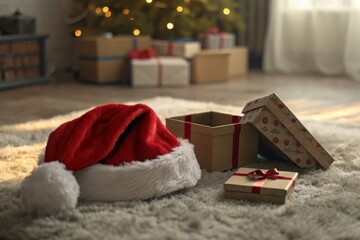 Red Santa hat next to open gift boxes on fluffy carpet