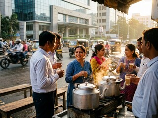 Group Of Office Workers And Locals Drinking Tea At Roadside Stall In Morning Sunlight