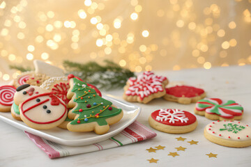 Assorted decorated Christmas cookies with festive lights
