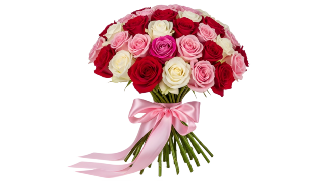 Luxurious large bouquet of red, pink, and white roses tied with a delicate pink ribbon isolated PNG with Transparent Background