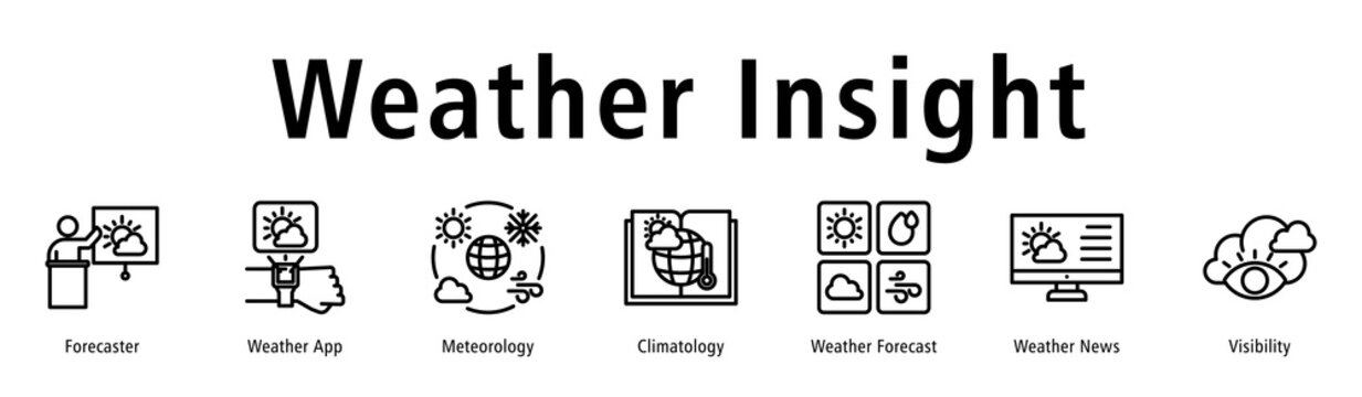 Weather Insight web banner icon vector illustration with icons of Forecaster, Weather App, Meteorology, Climatology, Weather Forecast, Weather News, and Visibility.