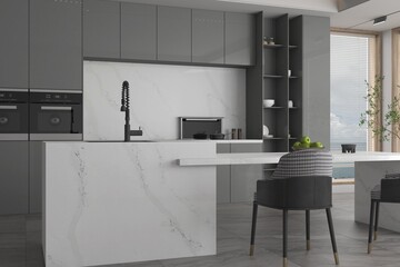 Luxurious and Bright Kitchen Interior design with Elegant Furniture Inside Of Spacious Residential Mansion. Mockup. 3D Illustrations. High Resolution. 3D Rendering