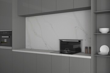 Warm gray cabinet storage shelf with white quartz countertop in the kitchen with an all-white countertop. 3D Rendering