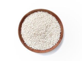 Glutinous rice on wooden plate isolated on white background. Flat lay 