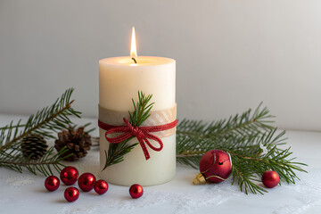 Christmas candle with red ribbon and ornaments
