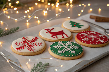 Iced Christmas cookies with festive lights
