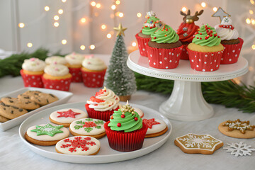Christmas cupcakes and cookies with festive icing
