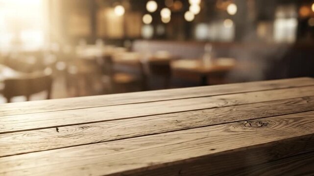 Rustic wooden tabletop invites product display in blurred restaurant